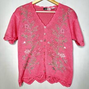 Vintage Floral Sweater Coral Short Sleeve Womens Small Grannycore Cottagecore